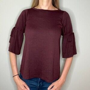 LOFT Casual Knit Shirt Blouse Top Crewneck Tie Slit Mid Sleeves Burgundy XXS 2XS